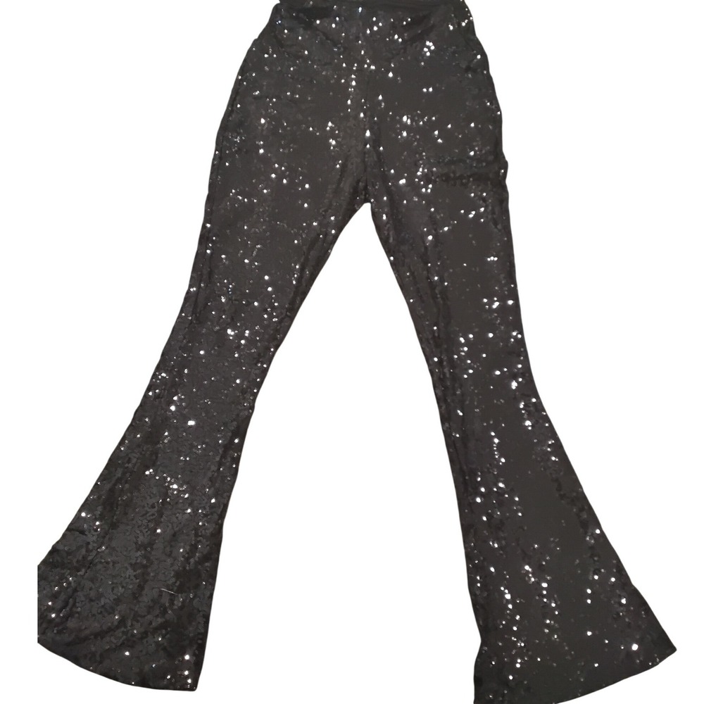Tipsy‎ Elves Womens Black Sequin Flare Pants High Waisted Bell Bottoms Small New